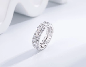 Close-up of eternity ring with three rows of baguette-cut zircons in silver finish