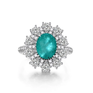 Luxury oval Paraiba gemstone ring with sunflower diamond cluster in sterling silver