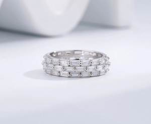 Macro view of triple-row baguette-cut cubic zirconia stones on silver eternity band