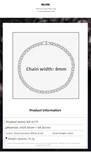 Detail of 8mm S925 silver Cuban link chain with 5A zircon inlay and product specs