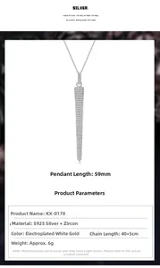 Detailed size specifications of S925 silver long cone pendant necklace with micro-pave zircons