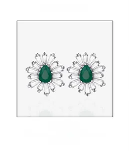 Detailed view of pear-cut emerald earrings with sunburst diamond halo in silver