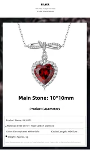 Macro du pendentif rubis cœur 10x10mm avec nœud et détails techniques en argent 925
