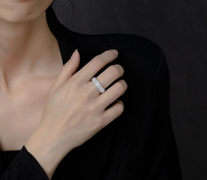 Macro detail of silver ring featuring three rows of baguette-cut cubic zirconia stones