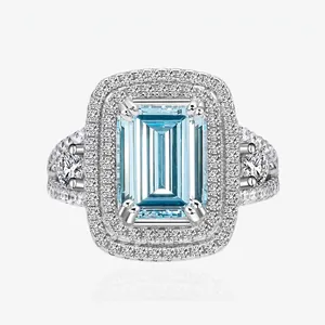 Luxury 925 Sterling Silver Emerald Cut Aquamarine Yellow Rhinestone Halo Ring For Women Double Pave Anniversary Jewelry