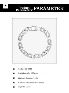 Detailed specs for S925 sterling silver cuban chain bracelet with 5A zircons
