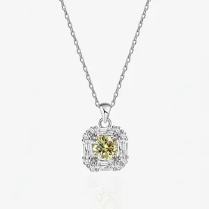 925 Sterlingsilber Quadratischer Halo Zirkonia Anhänger Halskette Für Damen Eleganter Gelber Rosa Schmuck Mode Schlüsselbeinkette
