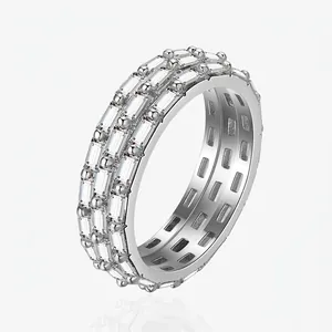 925 Sterling Silver Eternity Ring For Women Irregular Baguette Cut Cubic Zirconia Three Row Inlaid Statement Finger Ring Jewelry
