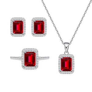 S925 silver jewelry set with emerald cut ruby gemstones and sparkling halo accents