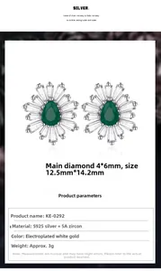 Detailed view of silver sunflower stud earrings with emerald-cut drop zircon center