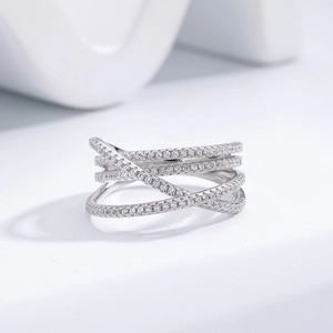 Modern S925 sterling silver multilayer crisscross ring with pavé micro-inlaid stones