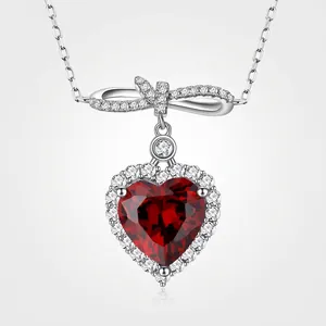 Collier Pendentif Coeur en Argent Sterling 925 Pour Femmes Strass Rouge Sang de Pigeon Design Noeud Bijoux Cadeau