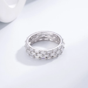 Three-row sterling silver eternity ring with pavé set cubic zirconia baguette diamonds