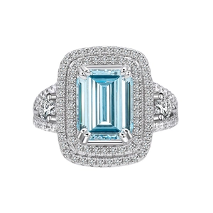 Luxurious 8x12mm aquamarine ring with emerald cut and double halo diamond setting