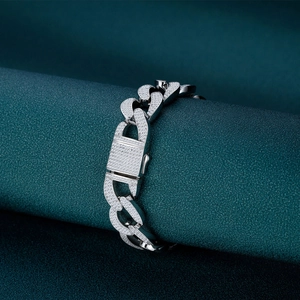 Luxury sterling silver Cuban link bracelet with full pave setting diamonds and box clasp