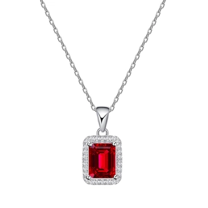925 silver necklace with rectangular red ruby pendant and micro-pave crystals