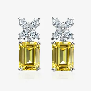 Orecchini a Bottone in Argento Sterling 925 con Taglio Smeraldo Strass Giallo Bianco per Donna Eleganti Gioielli Intarsiati Geometrici