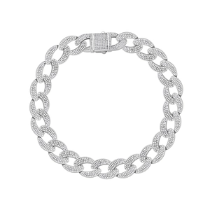 Hip hop silver Cuban link bracelet with full micro pave diamonds and square clasp closure