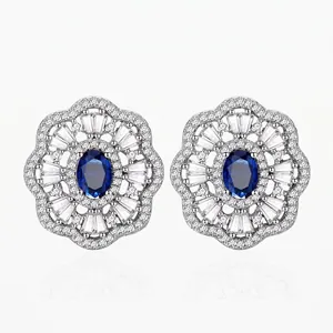 Luxury 925 Sterling Silver Royal Blue Sapphire Style Stud Earrings Oval Rhinestone Inlaid Flower Jewelry For Women Party