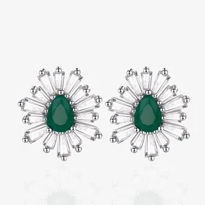 925 Sterling Silver Teardrop Stud Earrings For Women Elegant Emerald Green Inlaid Rhinestone Flower Shape Fashion Jewelry Gift