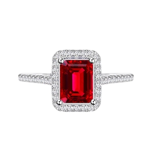 Luxury 925 sterling silver ring with emerald-cut red ruby and brilliant halo pavé