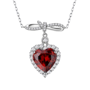 Collier élégant en argent sterling 925 avec pendentif cœur rouge sang de pigeon et nœud