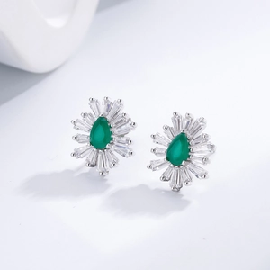 925 silver stud earrings with green pear-cut emerald and radiating baguette diamonds