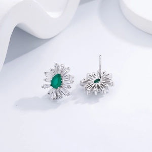 925 silver sunflower earrings with green pear-cut emerald and sparkling zircon accents