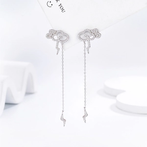 Micro-pave cloud and lightning long tassel earrings with sparkling white cubic zirconia
