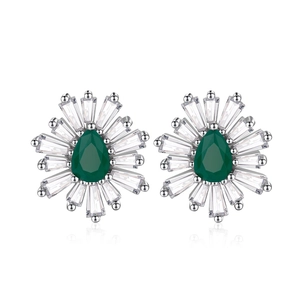925 silver stud earrings with teardrop emerald green stone and sunburst diamond setting