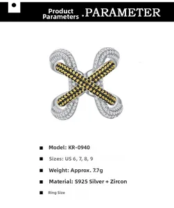 Macro detail of S925 silver cross ring with white and yellow zircon micro-paving