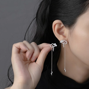 Cloud and lightning long tassel earrings with sparkling pave micro-set cubic zirconia