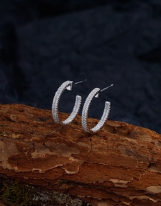 Macro view of C-shaped hoop earrings with double-row crystals on natural wood bark