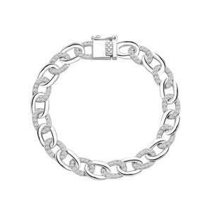 Sterling silver Cuban chain bracelet with polished links and micro-pave diamond accents