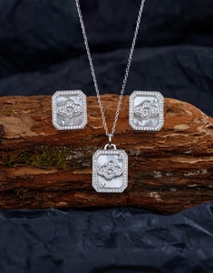 Macro detail of S925 silver cloud and star pendant set with mother of pearl and zircon