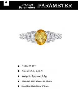 Macro view of 6x8mm oval yellow zircon ring in S925 sterling silver with size specifications