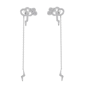 Sparkling cloud and lightning long tassel earrings with pave cubic zirconia in silver