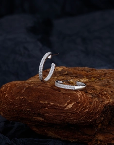 Macro shot of silver hoop earrings with double row pave diamonds on rustic bark background