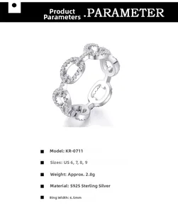 S925 sterling silver chain ring detail with micro-pave cubic zirconia and size specifications