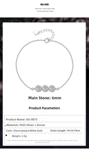 Détails du bracelet en argent S925 avec trois oxydes de zirconium de 6mm et dimensions