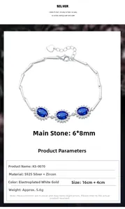 S925 silver bracelet featuring oval blue zircon inlay and adjustable bamboo chain design
