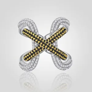 925 Sterling Silver Criss Cross Ring For Women Micro Pave Rhinestone Geometric Individual Fashion Finger Ring Statement Jewelry