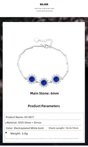 Vue détaillée du bracelet en argent S925 avec zircons bleus de 6mm en forme de tournesol