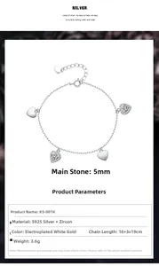Détail du bracelet cœur en argent sterling S925 avec zircons et les dimensions