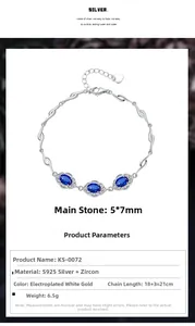 Vue macro détaillée du bracelet en argent S925 avec zircons saphirs bleus de forme ovale