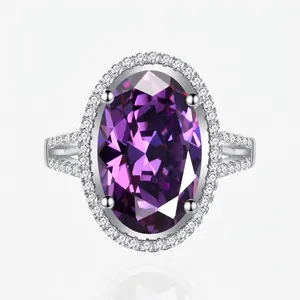 Bague Élégante en Argent Sterling 925 avec Strass Violet Ovale pour Femme Luxueuse Bande de Halo de Pierres Précieuses Incrustées