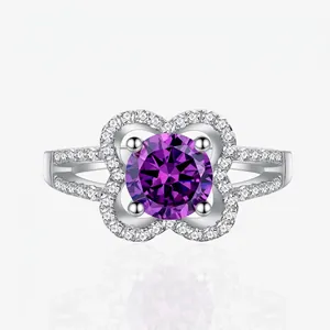 925 Sterling Silver Flower Ring For Women Elegant Purple Rhinestone Micro Inlaid Adjustable Finger Ring Fashion Jewelry