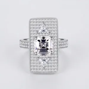 Lussuoso Anello da Cocktail Rettangolare in Argento Sterling 925 per Donna Anello a Fascia Geometrico con Micro Strass Esagerato