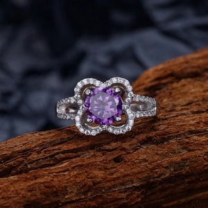 7.5mm purple crystal flower ring in 925 sterling silver with micro pave setting