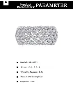 Detailed parameter view of wide S925 sterling silver ring with hollow V-shaped zircon stones